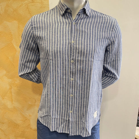 Image of Camicia misto lino riga blu OverD