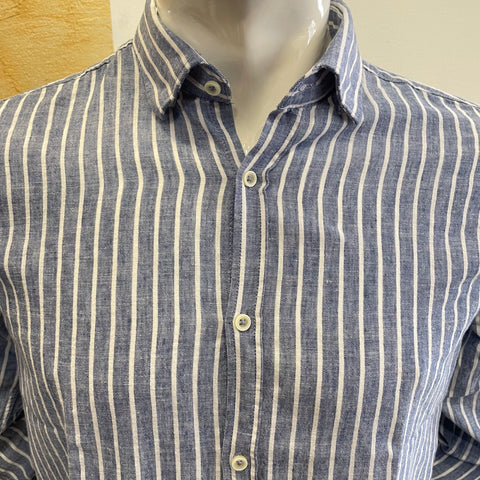 Image of Camicia misto lino riga blu OverD
