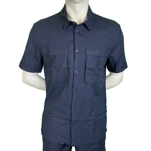 Image of Camicia in Lino EMPORIO ARMANI Blu uomo Torino manica corta
