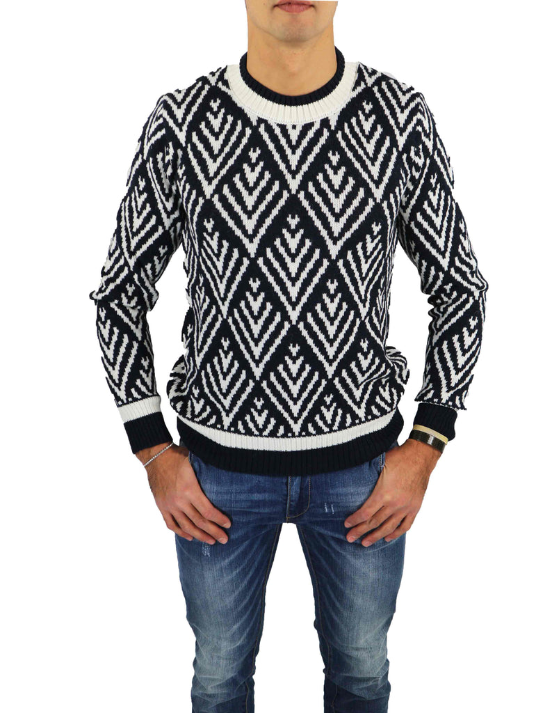 maglione uomo retois maglia lana fantasia blu girocollo maglioni sweater shop online saldi